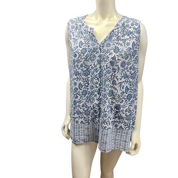Liz Claiborne Blue & White Paisley Floral Sleeveless Blouse Semi-Sheer Large - Picture 12 of 12